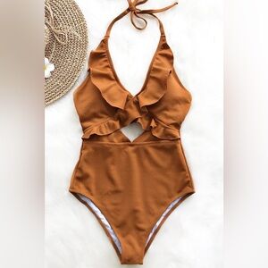 CUPSHE Ruffled One-Piece Swimsuit in Warm Rust NEW Size Medium